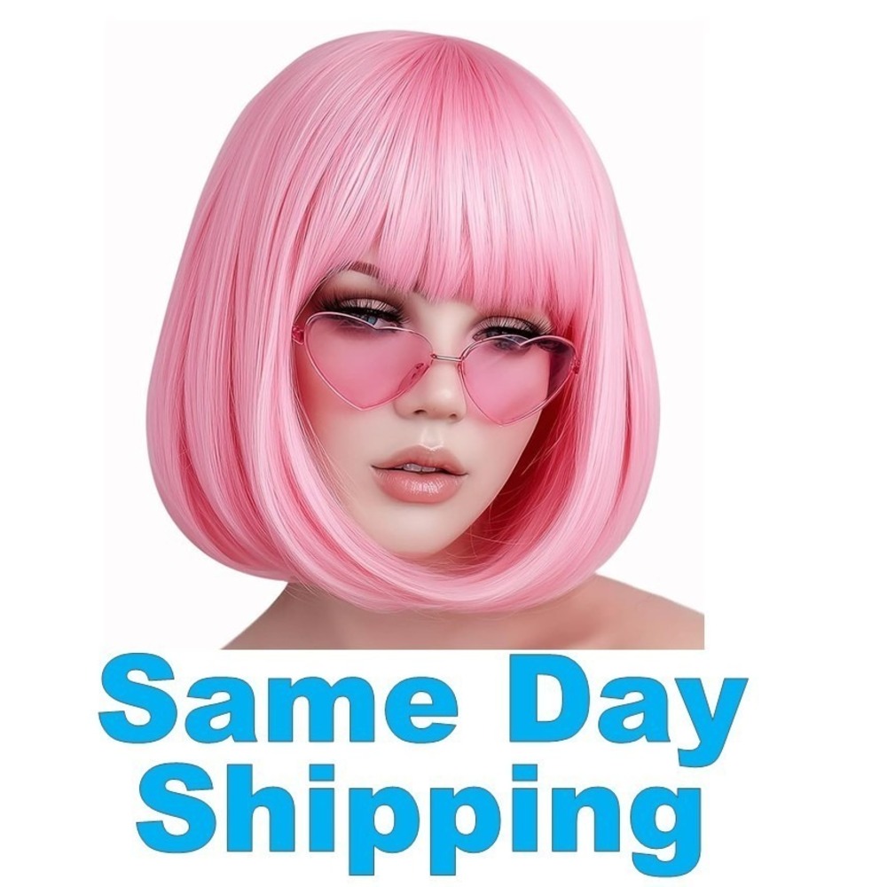 12" Short Pink Bob Wig Bangs Sunglasses Wig Cap Heat Resistant Adjustable Straps